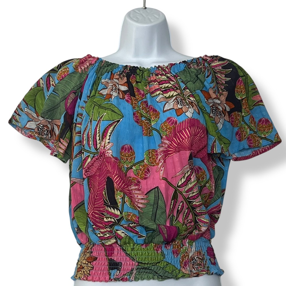 Rachel Rachel‎ Roy S Blue Tropical Bird Floral Smocked Peasant Top Off Shoulder